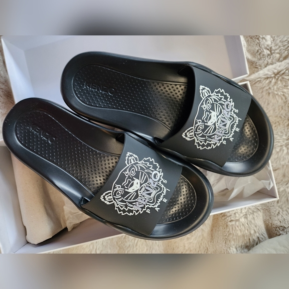 Kenzo Shoes - Kenzo Black Slides with White Tiger Motif